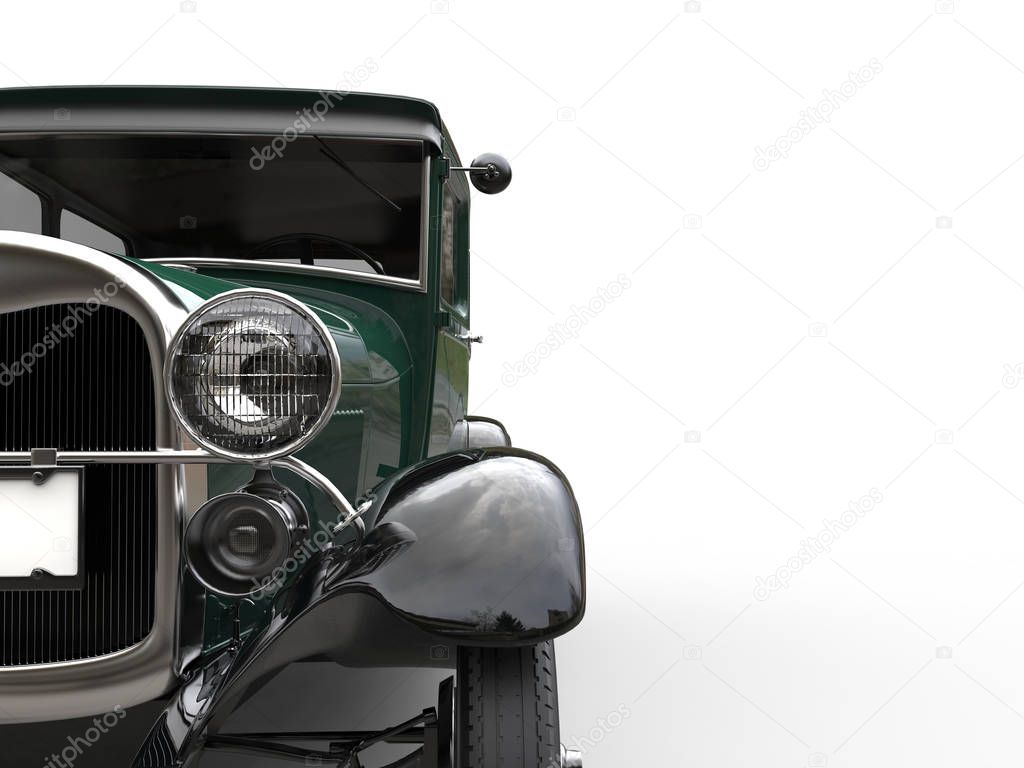 Dark green vintage car - front view cut shot - 3D Render