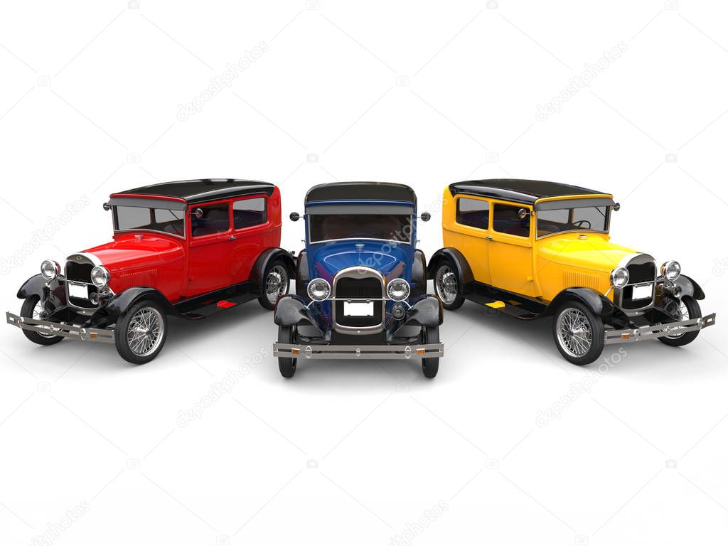 Beautiful 1920s vintage cars in primary colors - 3D Illustration