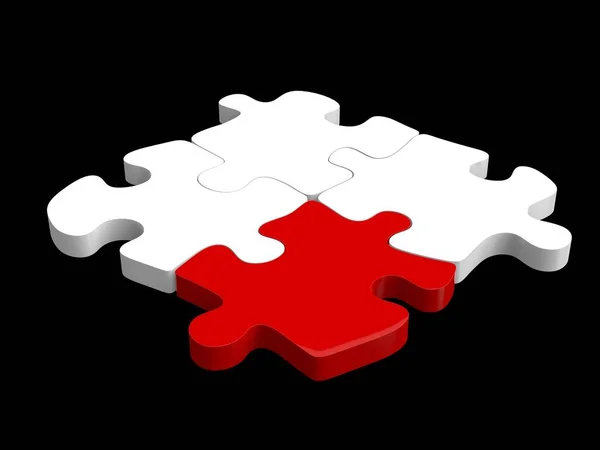 Négy darab puzzle egy piros darab - fókusz a piros darab szett — Stock Fotó
