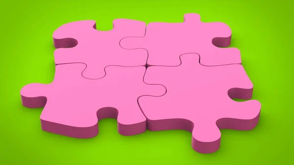 Καραμέλα ροζ παζλ κομμάτια σύνολο μαζί σε πράσινο φόντο — Φωτογραφία Αρχείου