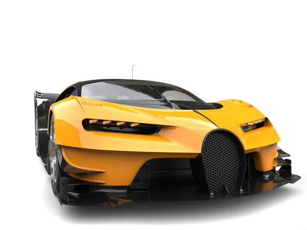 Black and yellow supercar front view closeup shot - 3D Illustration — Stock Photo, Image