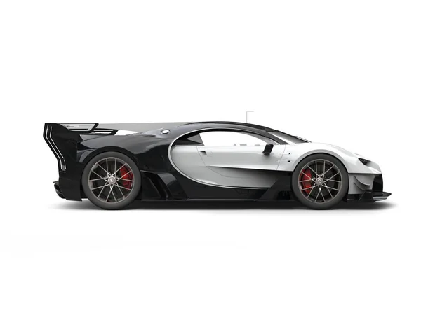 Puternic negru și alb super mașină de curse - vedere laterală - Ilustrație 3D — Fotografie, imagine de stoc