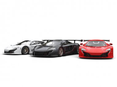 Ateş güzel modern supercars - kırmızı, siyah ve beyaz - showroom
