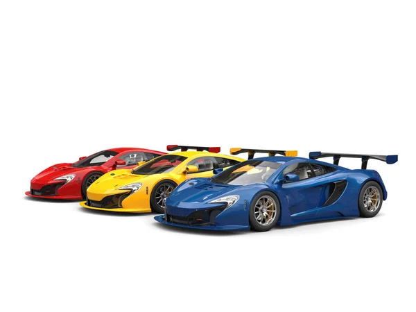 Super cars in blue, yellow and red — Stock Photo, Image