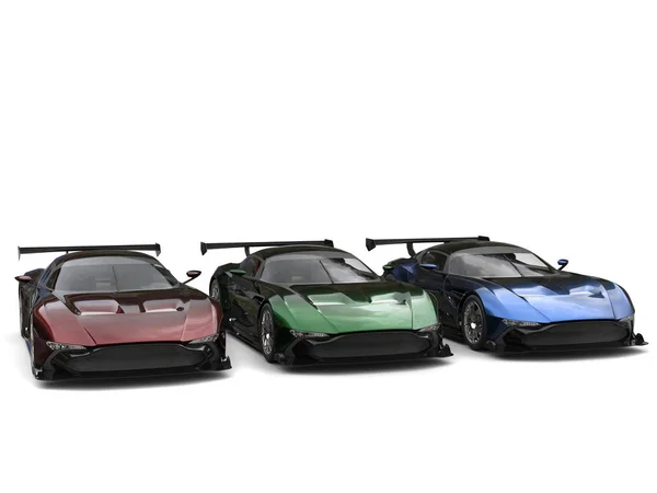 Modern metallic sports cars - red, green and blue — Stock Photo, Image