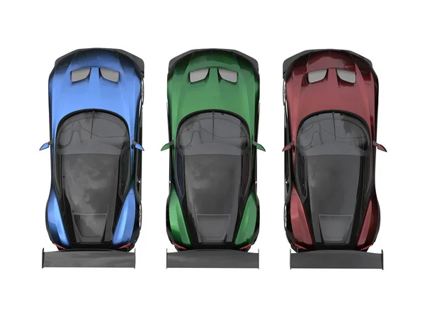 Modern metál sport autók - vörös, zöld és kék - felülnézet — Stock Fotó