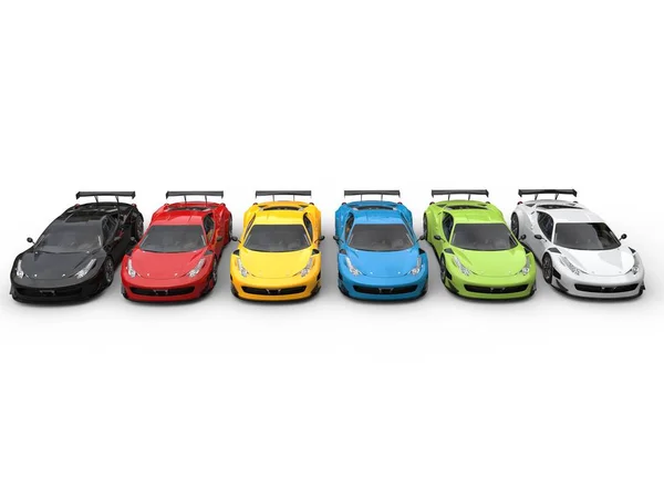 Row of colorful super cars - topdown front view — Stock Photo, Image