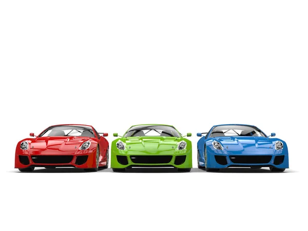 Fast sports cars in red, green and blue — Stock Photo, Image