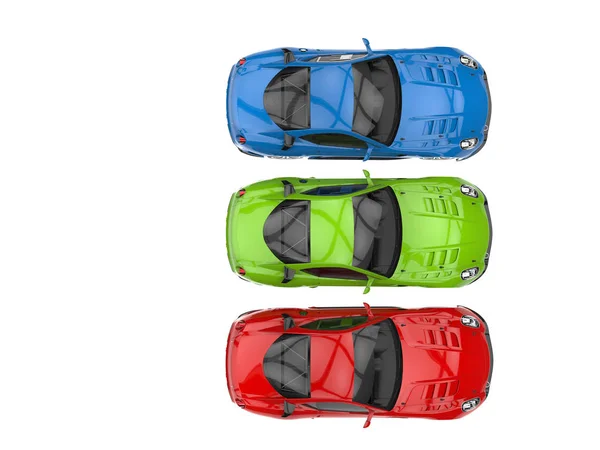 Nowoczesne samochody sportowe w czerwony, zielony i niebieski na białym tle — Zdjęcie stockowe