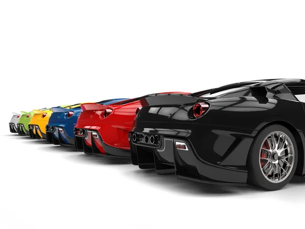 Row of great modern sports cars in various colors - back view — Stock Photo, Image