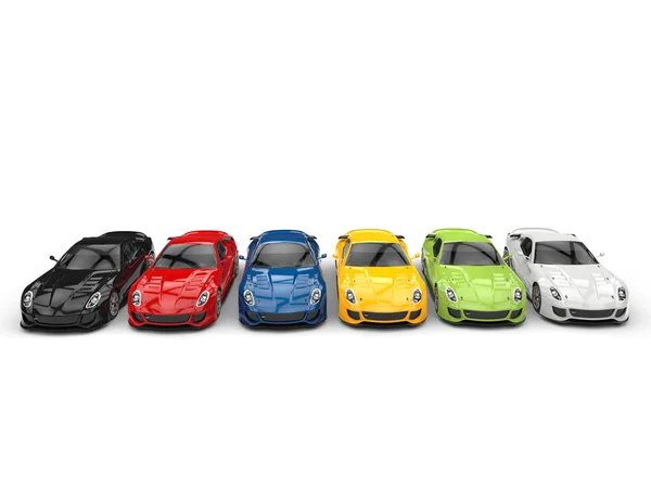 Impresionantes coches deportivos modernos en varios colores - vista superior — Foto de Stock
