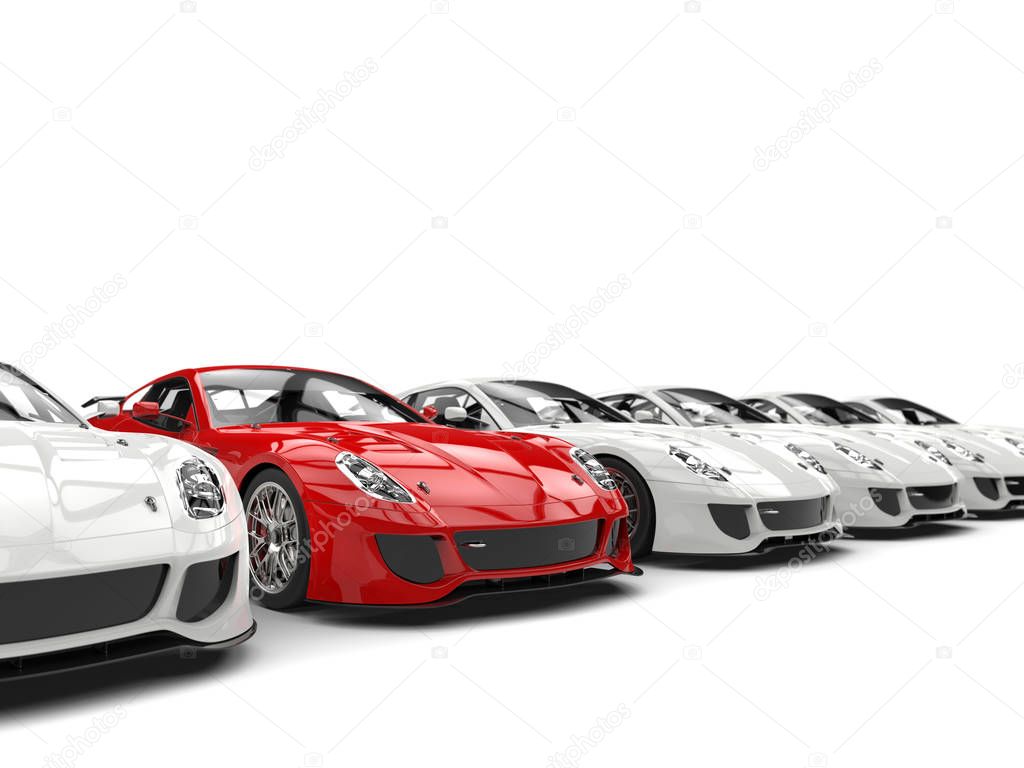 Red sports car stands out in a row of white generic cars