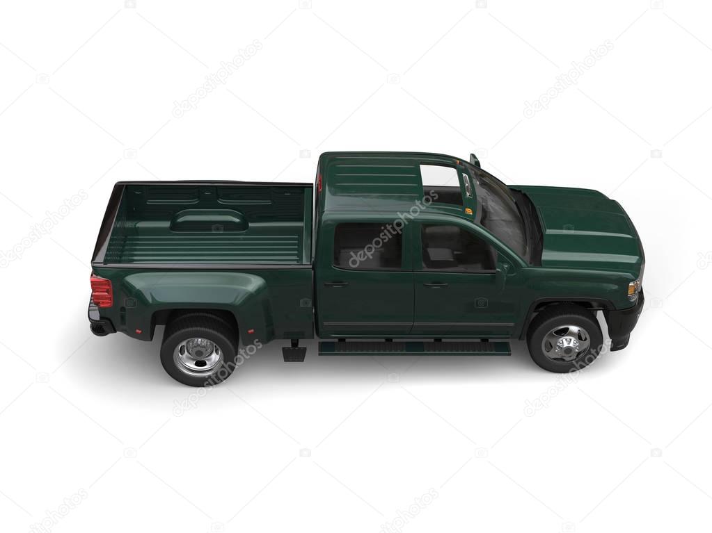 Dark green modern pickup truck - top down side view
