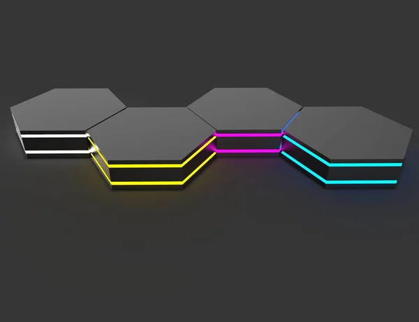 Set van glanzende zeshoeken met kleurrijke gloeiende strepen — Stockfoto