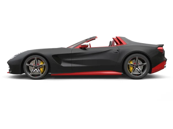 Cutting edge sports car - matte black with fiery red details - side view — Stock Photo, Image