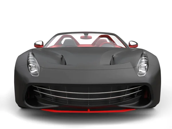 Cutting edge sportbil - matt svart med eldiga röda detaljer - framifrån närbild — Stockfoto