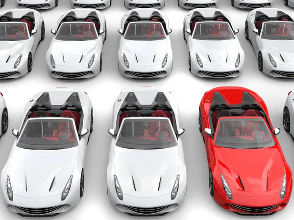 O carro esportivo vermelho Fiery se destaca da multidão de carros esportivos brancos — Fotografia de Stock