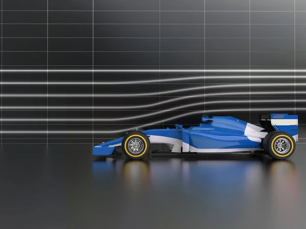 Δροσερό μπλε φόρμουλα αγωνιστικό αυτοκίνητο σε αεροδυναμική σήραγγα — Φωτογραφία Αρχείου
