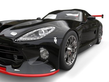 Supercar kırmızı detaylar ile - siyah Far aşırı closeup - 3d çizim vurdu.
