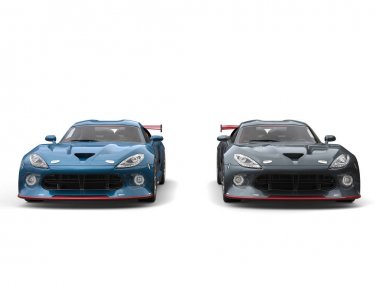 Mavi ve gri modern hızlı spor arabalar - yan yana - 3d çizim