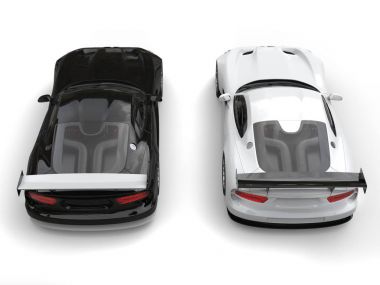 Siyah ve beyaz modern spor arabalar - yukarıdan aşağıya arka - 3d resim görüntülemek