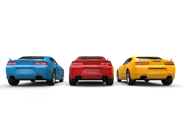 Czerwony, niebieski i żółty nowoczesnych szybkich samochodów - back Zobacz ilustracja - 3d — Zdjęcie stockowe