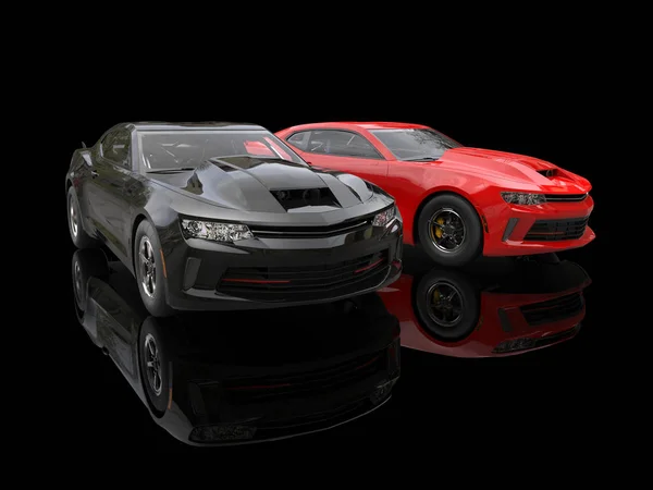 Czarny i czerwony nowoczesne samochody mięśni na czarnym odblaskowe tło ilustracja - 3d — Zdjęcie stockowe