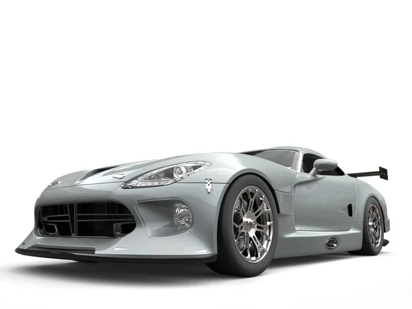 Cool silver modern supercar - low angle closeup shot - 3D Illustration — Stock Photo, Image