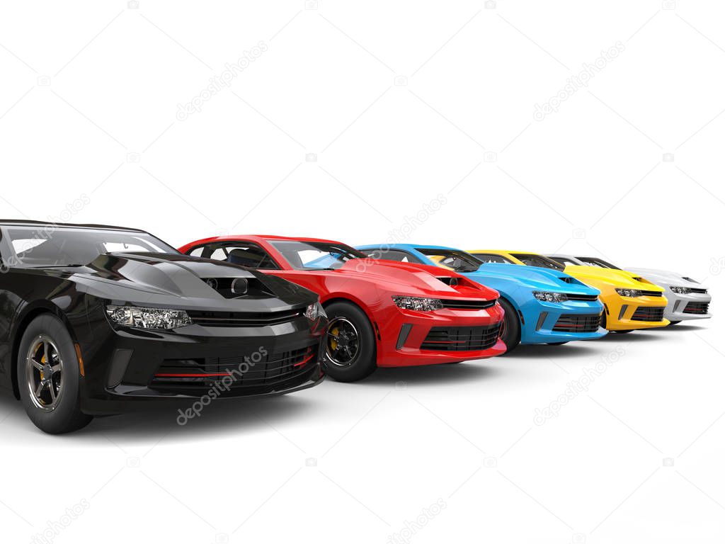 Modern fast muscle cars in various colors - 3D Illustration