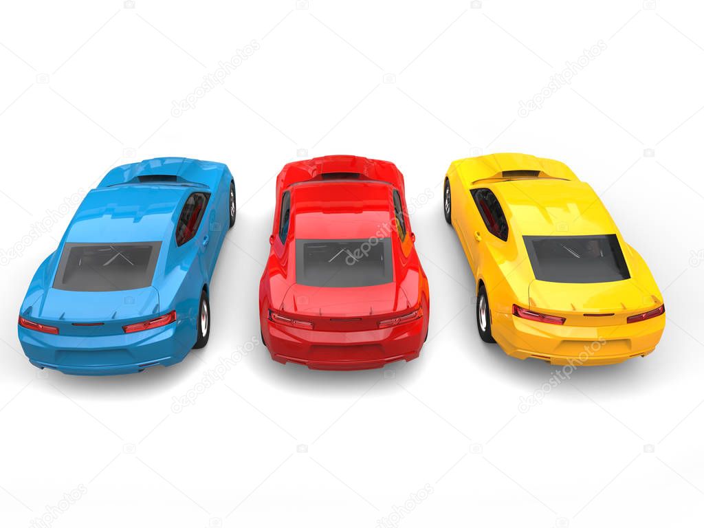 Red, blue and yellow modern fast cars - top down back view - 3D Illustration