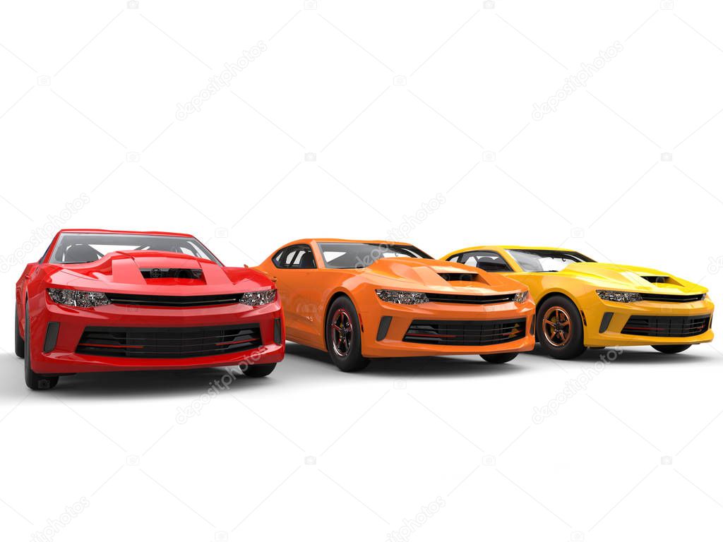 Modern muscle cars in warm colors - 3D Illustration