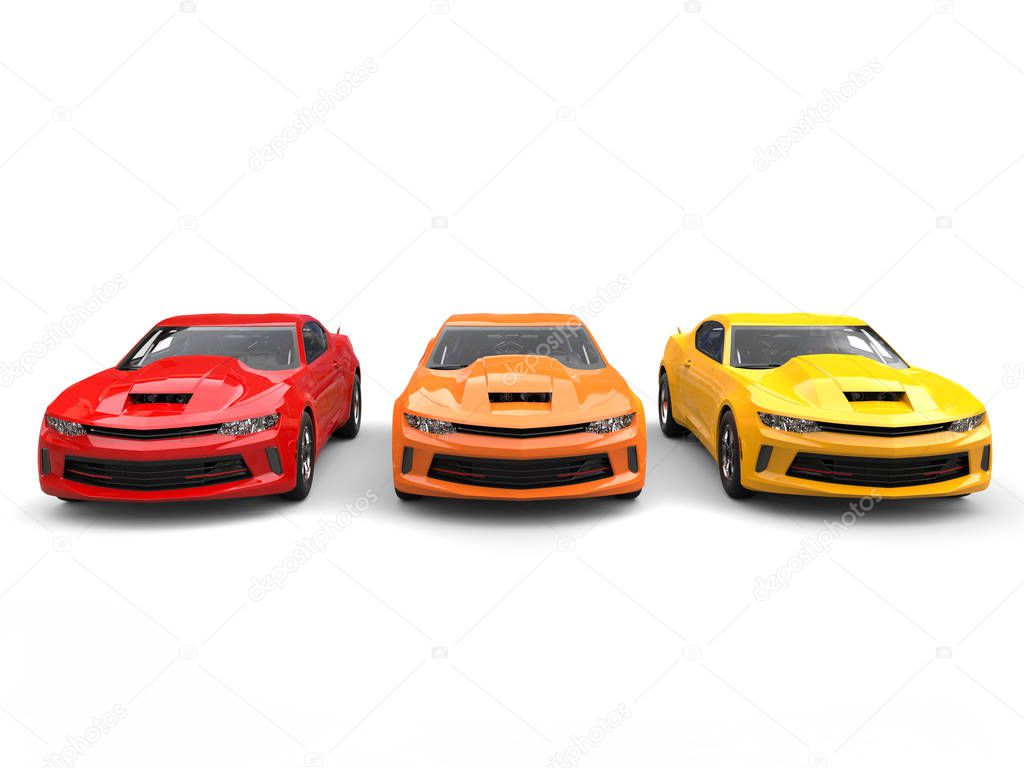 Modern muscle cars in warm colors - front view - 3D Illustration