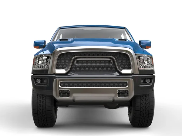 Moderna camioneta azul potente pick-up - plano de primer plano vista frontal —  Fotos de Stock