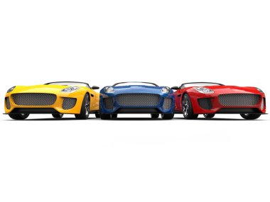 Çarpıcı kırmızı, mavi ve sarı modern cabriolet spor arabalar - düşük açısı shot