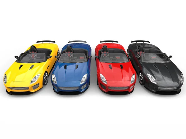 Impresionantes coches deportivos modernos convertibles en varios colores - vista superior hacia abajo — Foto de Stock