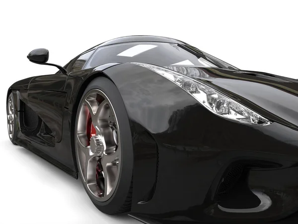 Erstaunliche glänzende schwarze Supersportwagen - Scheinwerfer extreme Nahaufnahme — Stockfoto