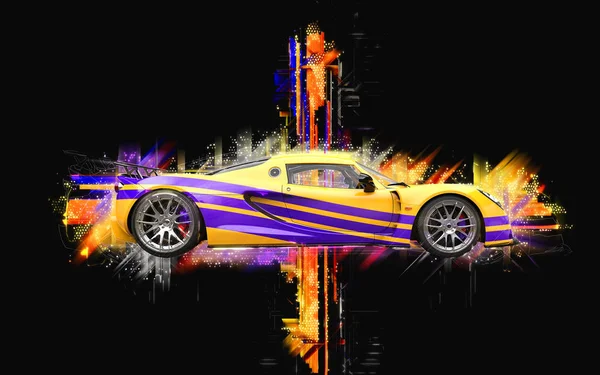 紫色の葉柄 - 抽象的な 3 d イラストと息をのむ黄色いスーパーカー — ストック写真