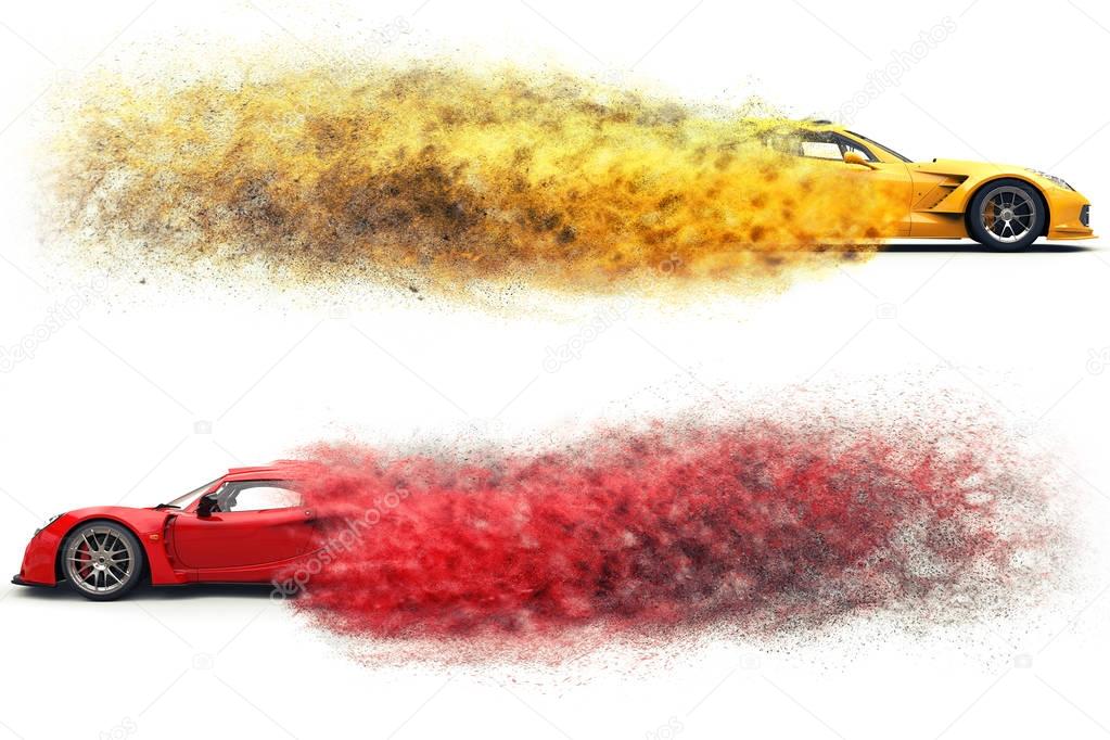 Red and yellow awesome race cars particle disintegration effect