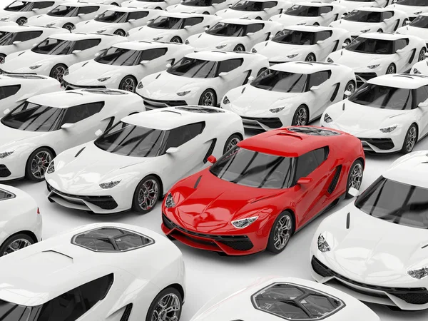 Mașina sport roșie iese în evidență printre mașinile albe — Fotografie, imagine de stoc
