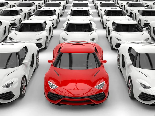 Κόκκινο σπορ αυτοκίνητο που ξεχωρίζει ανάμεσα σε λευκά αυτοκίνητα - μπροστινή όψη — Φωτογραφία Αρχείου