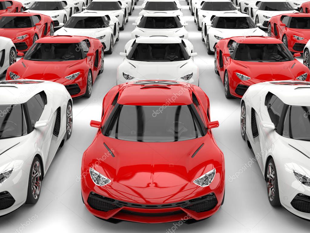 Modern red and white sports cars parked in formation