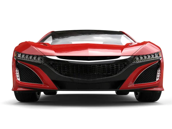 Crimson futuristic sports concept car - front view extreme closeup shot — Stock Photo, Image