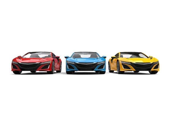 Super sports cars in primary colors - front view — Stock Photo, Image