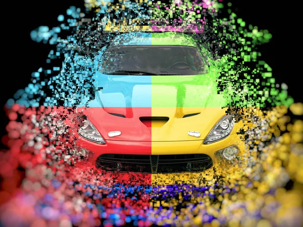 Empat warna mobil sport - abstrak penghancuran piksel ilustrasi 3D — Stok Foto