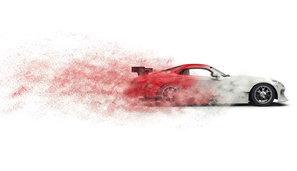 Super carro esportivo desintegrando-se em pó vermelho e branco — Fotografia de Stock