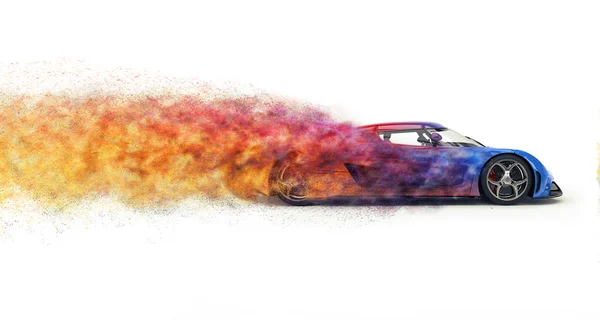 Fast modern super car disintegrating into colorful particles — Stock Photo, Image