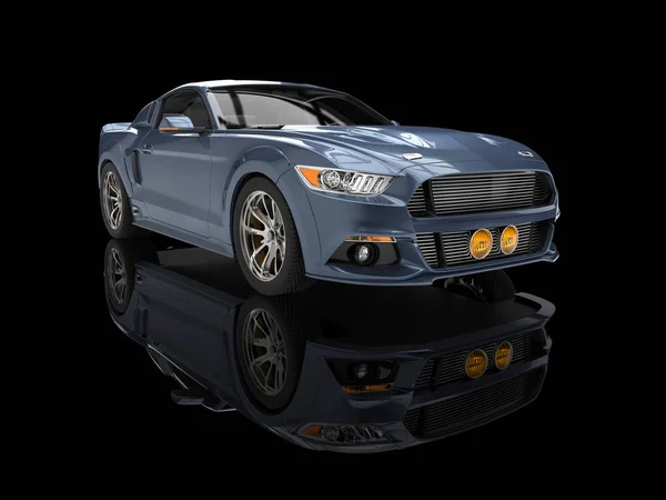 Staalblauw stedelijke spier auto op zwarte reflecterende achtergrond — Stockfoto