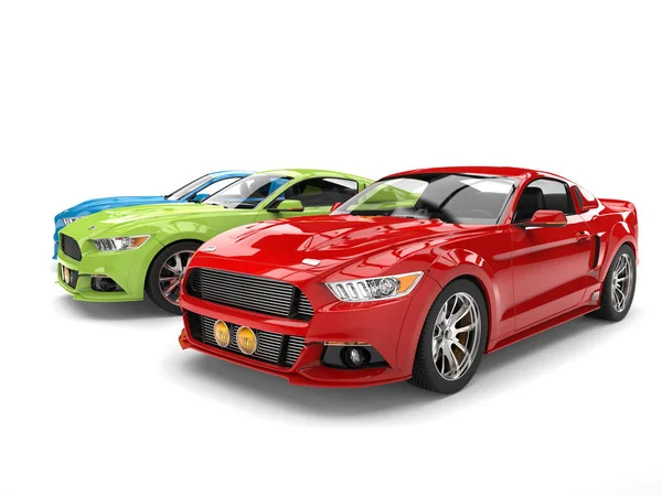 Rood, groen en blauw Amerikaanse muscle cars - rode vooraan — Stockfoto