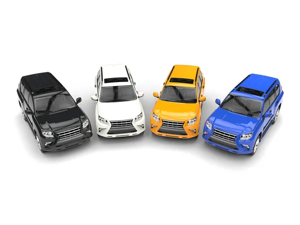 SUV modernos - colores negro, blanco, amarillo y azul — Foto de Stock