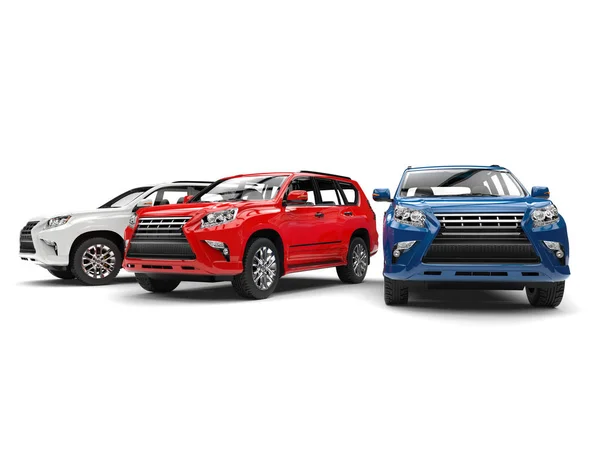Blue, red, and white modern SUVs - studio shot — Stock Photo, Image